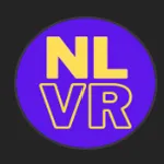 Never Lonely VR(NLVR)の紫背景×黄色の丸いブランドロゴ。 このブランドのバーチャルキャラ作品やシリーズ内容を象徴するマークだよ。