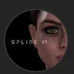 SplineVR のダーク背景のブランドロゴ。 女性の横顔シルエットに白いロゴ文字が入った、作者さんのアイコンだよ。