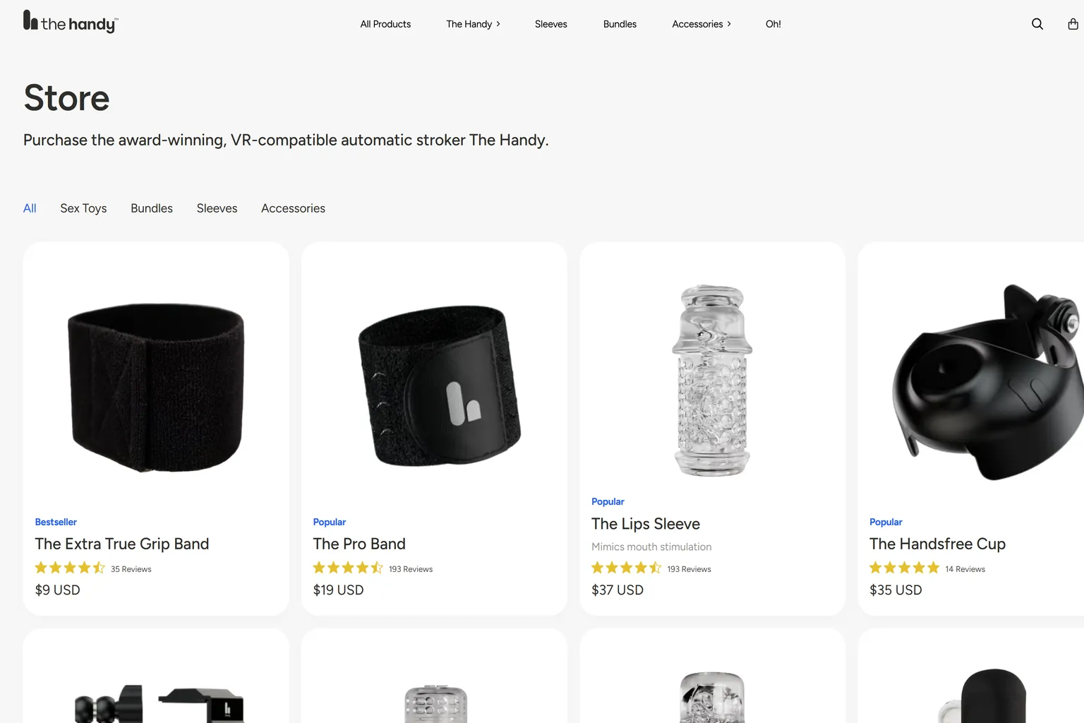 The Handyの公式ストア画面で、本体やスリーブ、アクセサリーの一覧と価格が表示されている