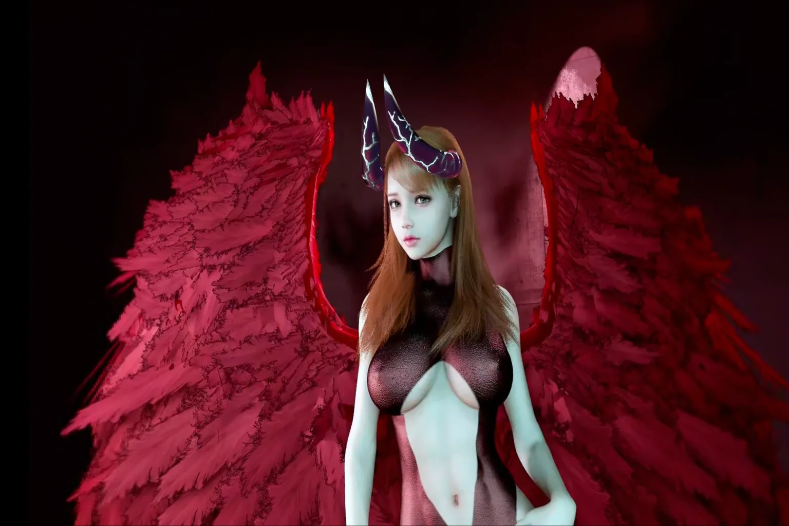 赤と黒のボディスーツを着た悪魔風少女が翼を広げて立ち、双角には紫色の稲妻模様が走り、背景は暗赤色の地獄風デザインになっている。