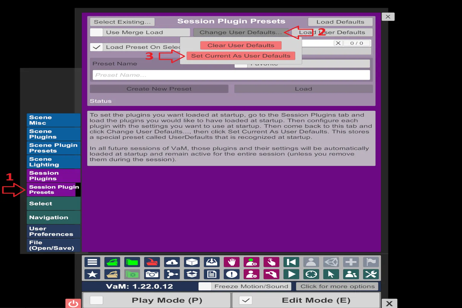 VaMのSession Plugin Presets画面。今の設定をデフォルトにして、起動時に自動で読み込まれるようにしておく感じだね