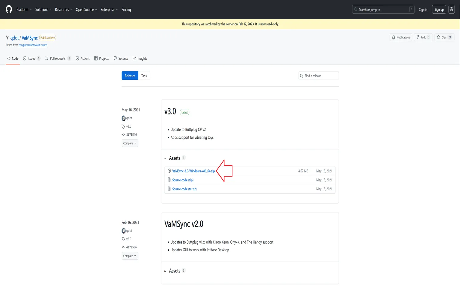 GitHubのリリースページで、VaMSyncのWindows版ダウンロードファイルが表示されてる
