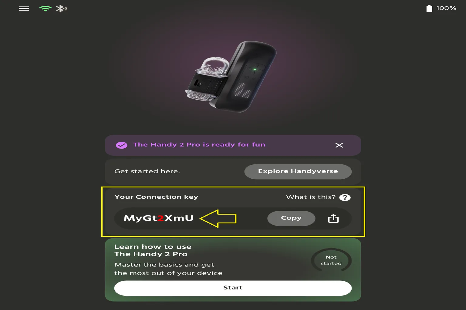 The Handy 2 Proの初期設定が完了し、Connection Keyが表示されている画面。