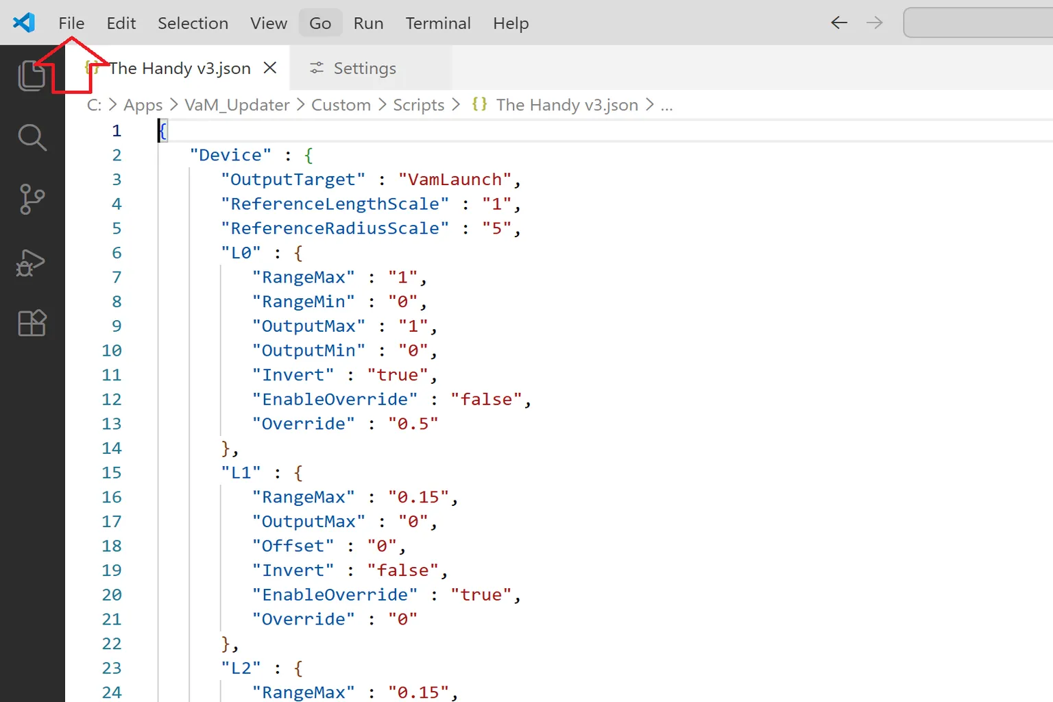 ブラウザ上にHandyのJSON設定ファイルの中身が表示されていて、ダウンロードや保存する場所も分かるようになってる