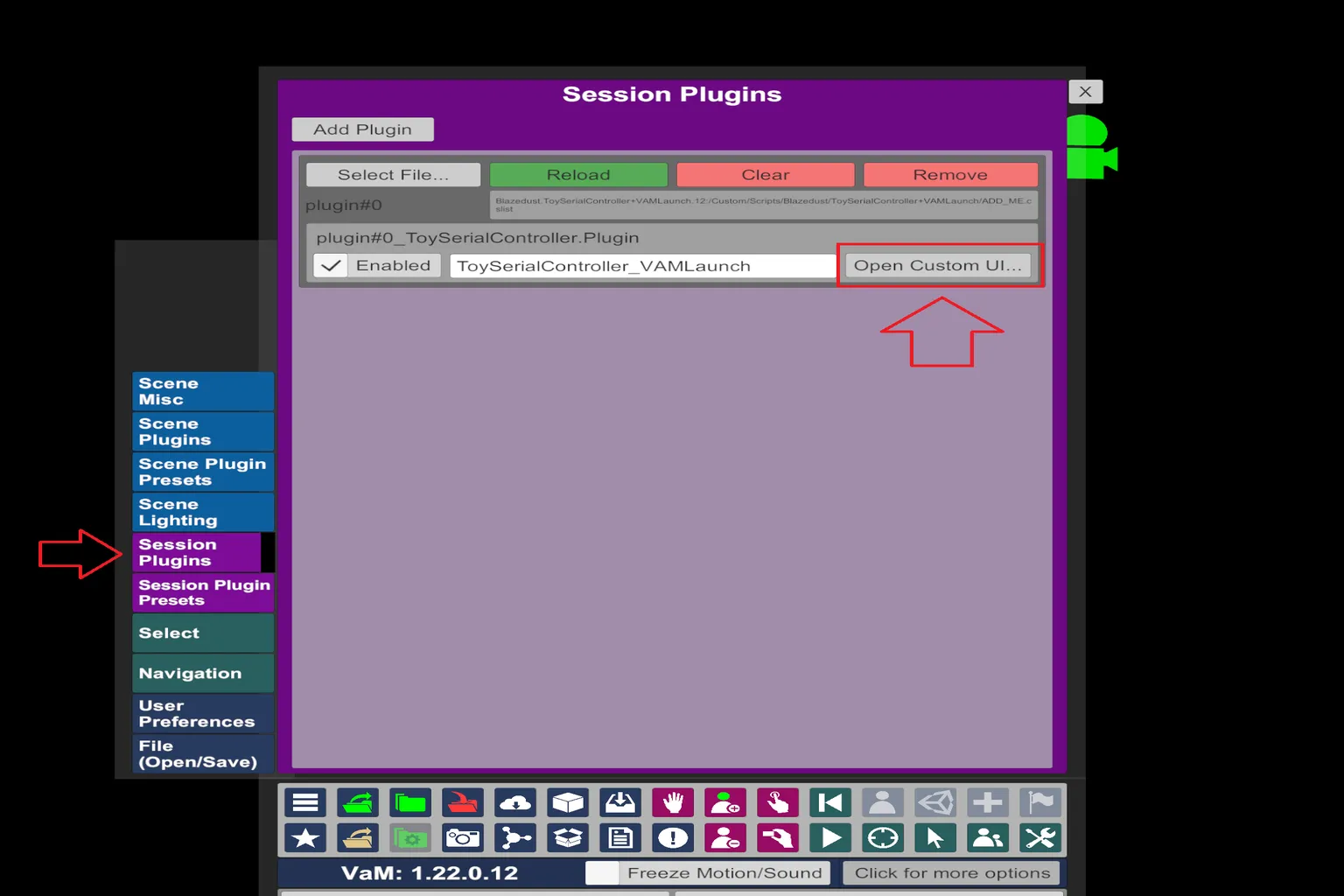 VaMのSession Pluginsパネルで、ToySerialController VAMLaunchのCustom UIを開いてる状態