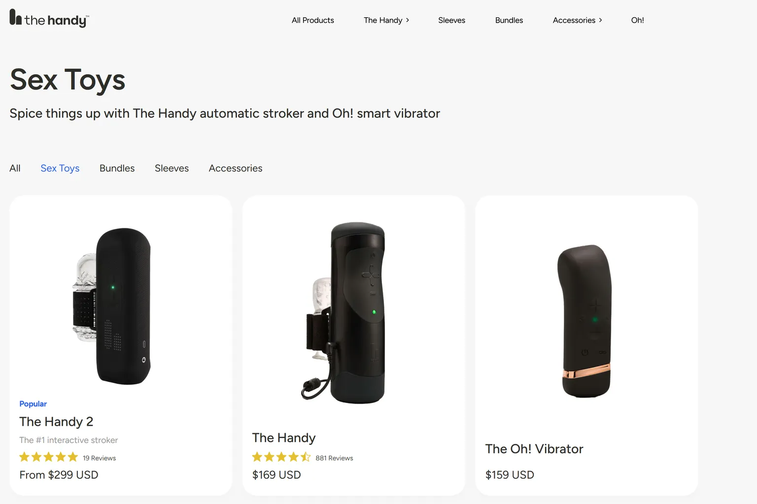 The Handyの製品一覧ページで、The HandyやThe Handy 2などのモデルが並んでいる画面