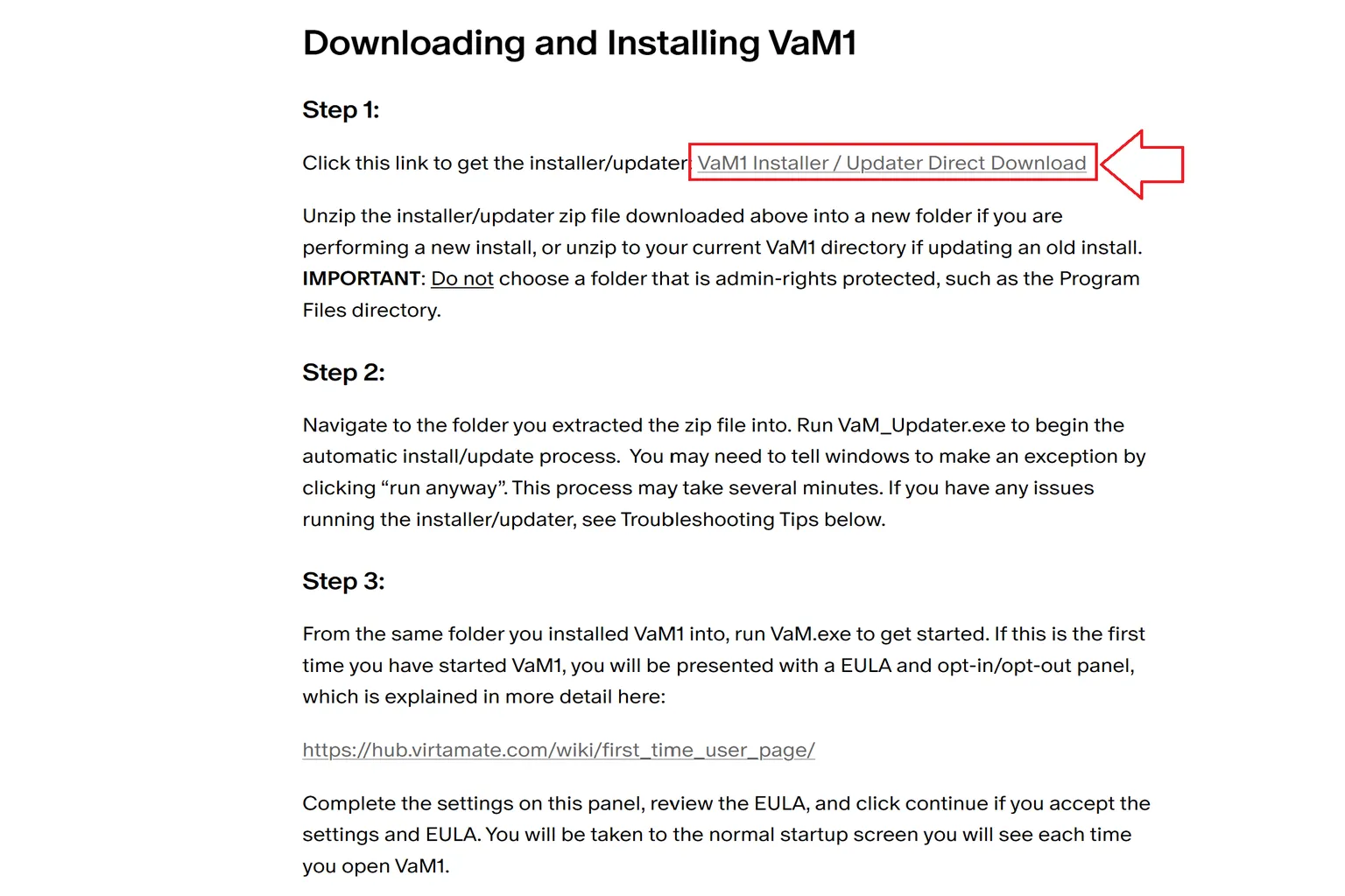 VaM1のインストールガイド。「VaM1 Installer / Updater Direct Download」のリンクをクリックして、インストーラー兼アップデーターをダウンロードする。