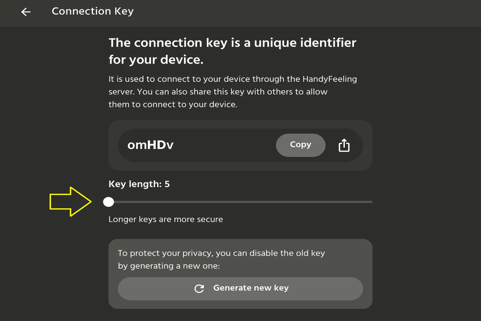 HandyアプリのConnection Key画面で、キーの長さを5文字に変更しているスクリーンショット。
