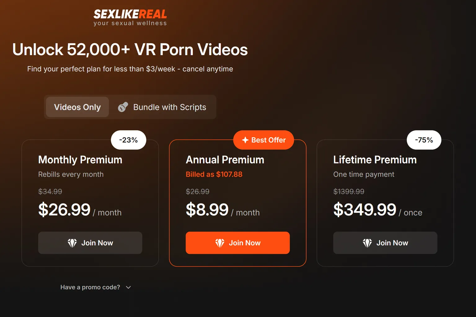SexLikeReal の Scripts Bundle プラン画面。 月額・年額・終身の各価格が表示され、年額プランはオレンジ枠で「ベストオファー」として強調されてい