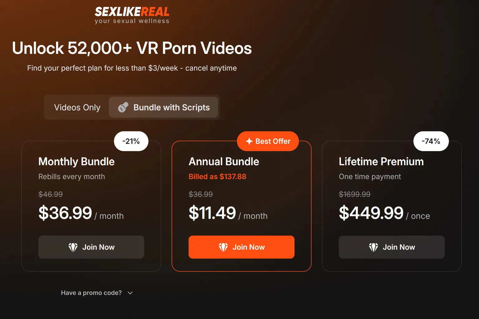 SexLikeReal の Scripts Bundle プラン画面。 月額・年額・終身の各価格が表示され、年額プランはオレンジ枠で「ベストオファー」として強調されてい