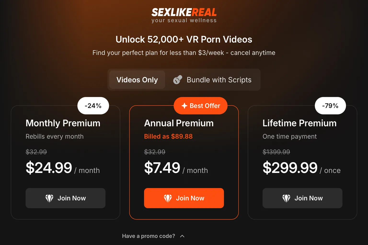 SexLikeReal の Videos Only プランに割引コードを適用した価格ページ。 月額・年額・終身の各プランが値下げされ、年額プランがベストオファーとして表示されている。