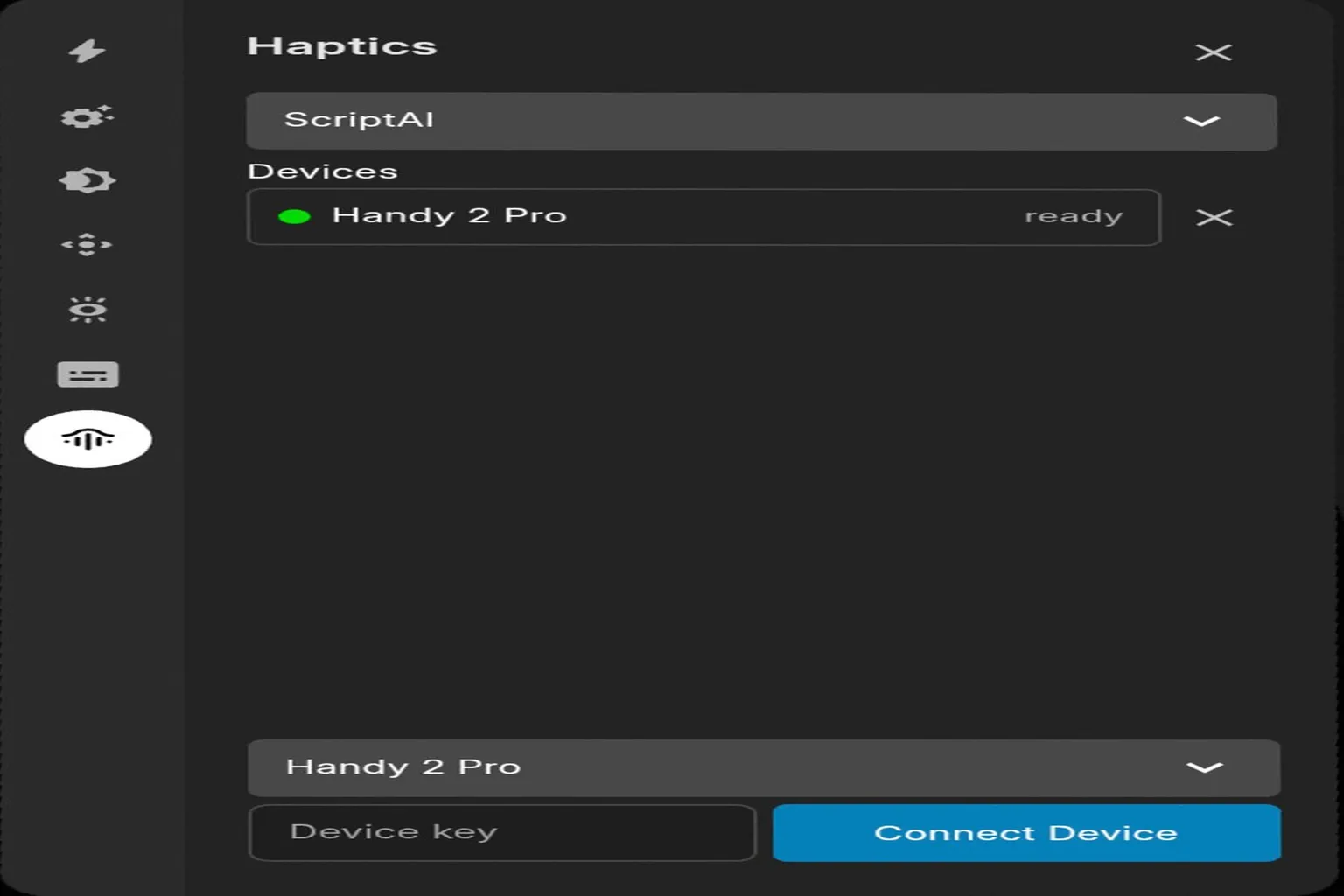 DeoVRのHaptics設定画面で、Handy 2 Proが接続され、ready状態になっている画面。