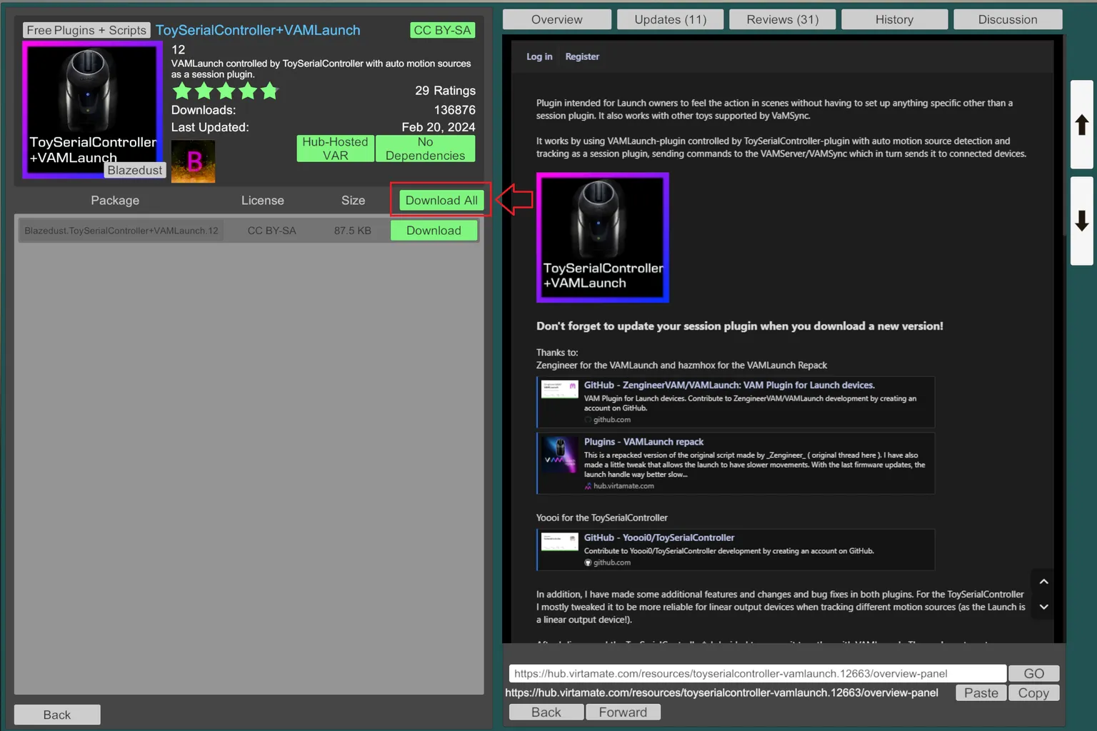 VaM HubのプラグインページでToySerialController VAMLaunchを開いた状態。Download Allボタンの位置も確認できる