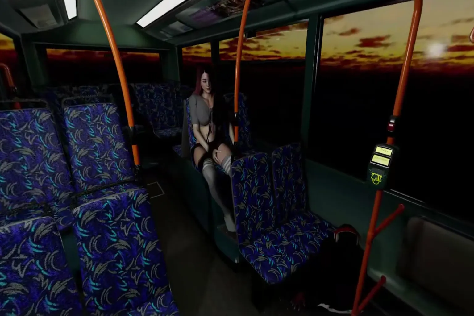 バーチャル少女が夜のバスの座席に座っているカット。 車內のライトと、窓の外に見える夕焼けのコントラストがあって、シーン作りとキャラモデルの雰囲気がしっかり伝わる。