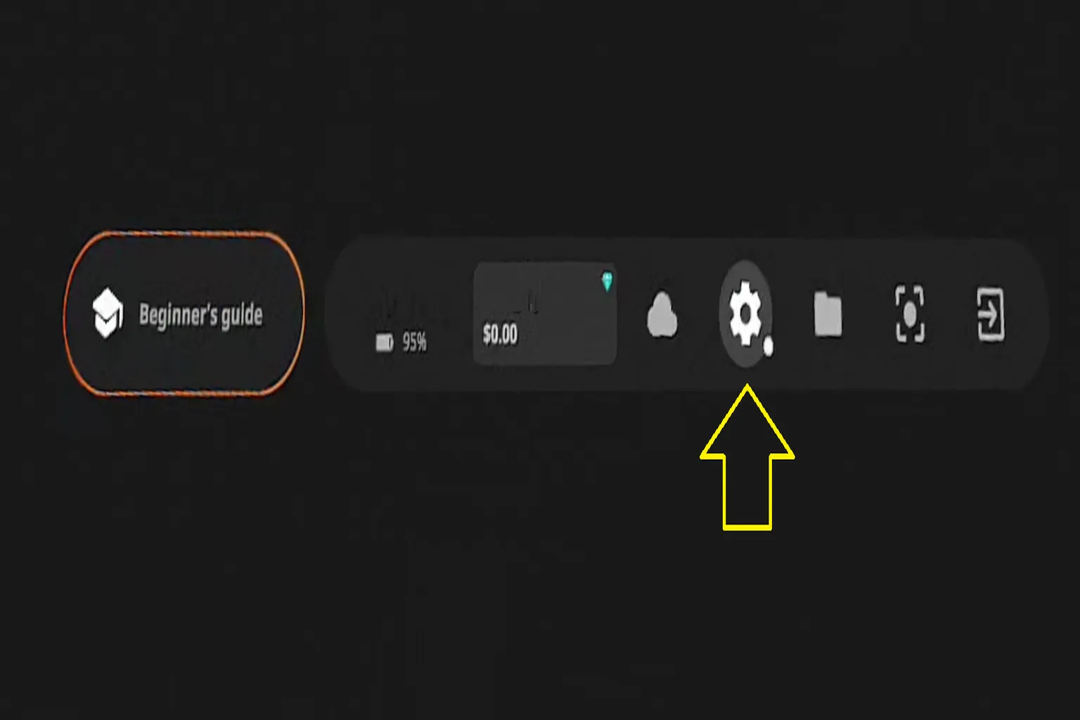 DeoVRのメニュー画面で、Settingsアイコンを選択して設定画面を開くところ。