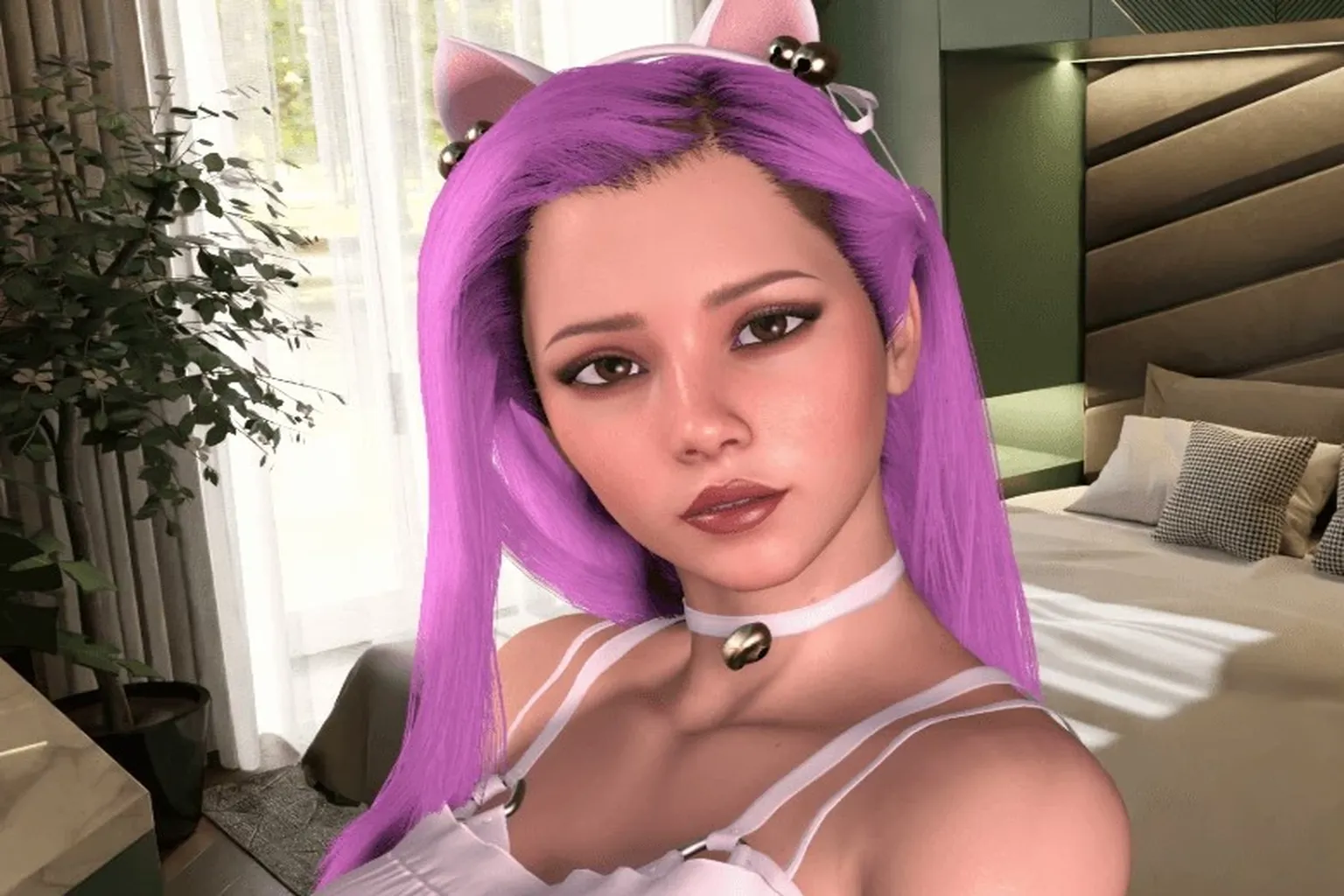 茶髮のバーチャル少女が、明るい日差しの庭やテラス前で撮影してるカット。 周りには木造の建物、芝生、アウトドア家具があって、朝の日差しっぽい爽やかな雰囲気が出てる。