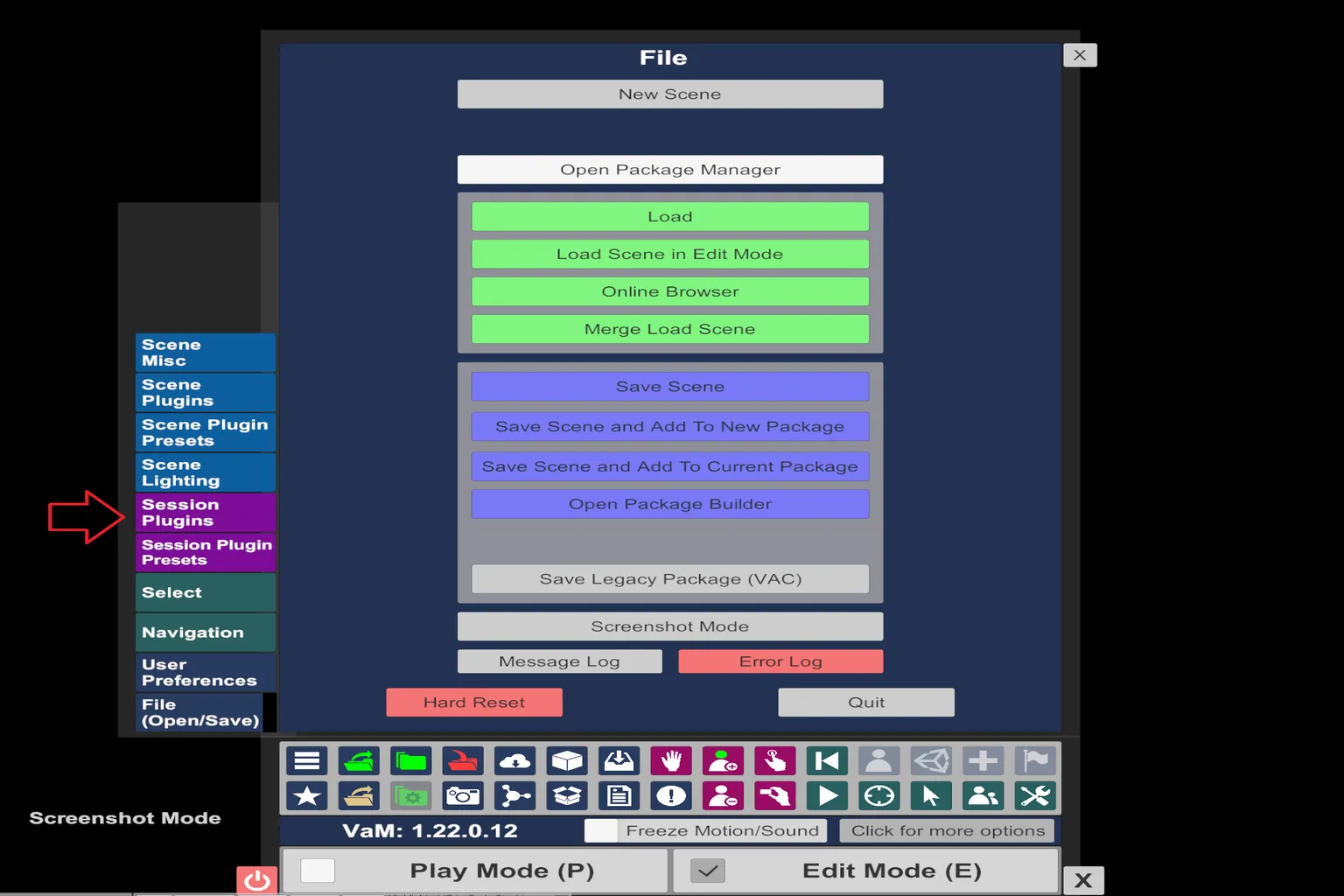 VaMのファイルメニューから、サイドバーでSession Pluginsを選ぶ