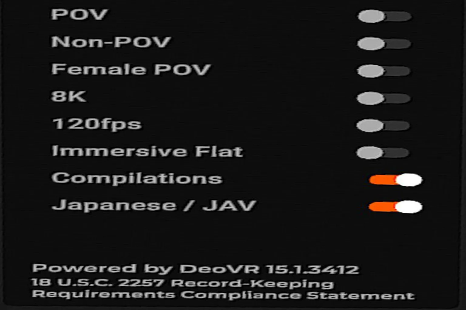 SLRの動画属性フィルターメニュー。POV、8K、120fps、Immersive Flatなどの画質・視点オプションがあり、下部ではコンピレーション動画や日本系JAVのカテゴリをチェックできる
