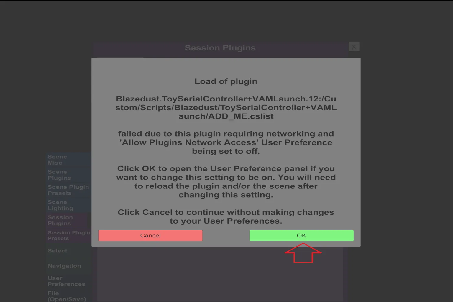 VaMの警告ウィンドウ。ネットワーク権限を有効にする必要があると出るので、そのままOKを押す