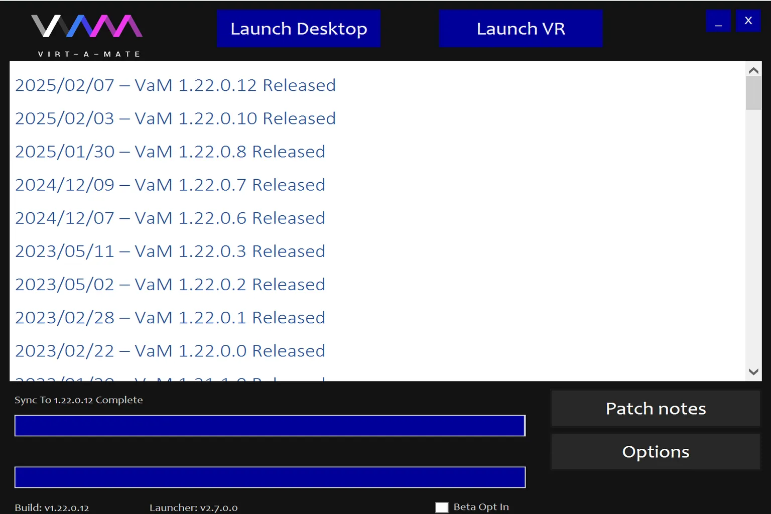 設定を完了すると、ログインオプションや各種モードを含むVAMのメイン画面が表示される。