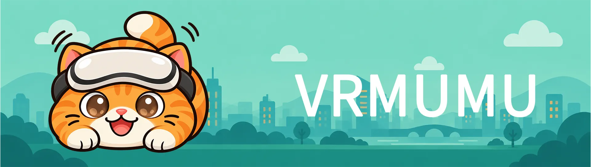 VRMUMUのバナー、VRヘッドセットをかぶった茶トラ猫と青緑色の街並み